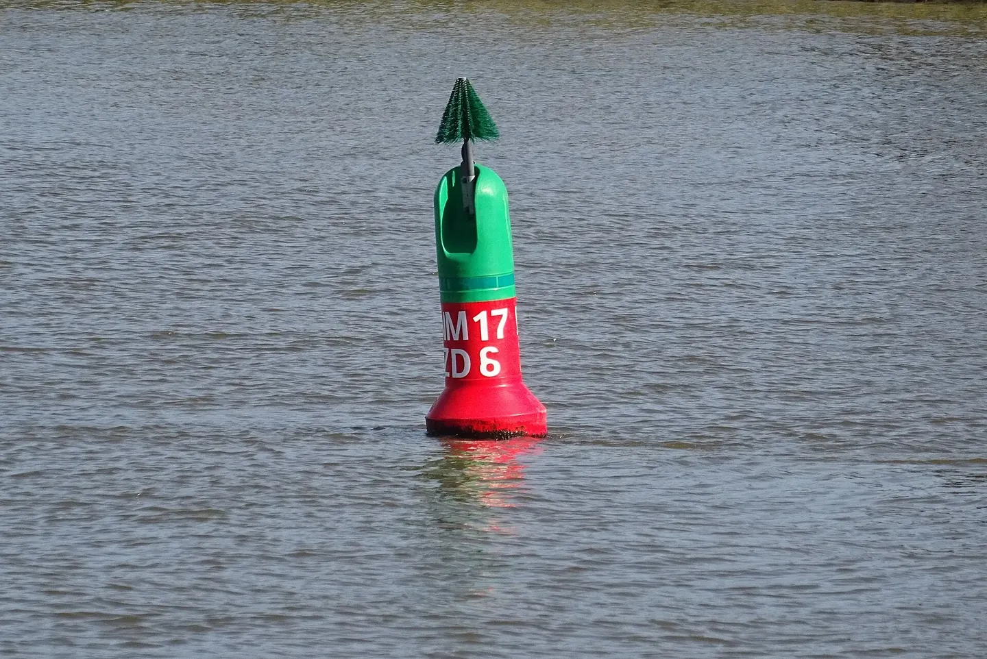 Red and green channel buoys floating in a harbor with a large ship passing between them