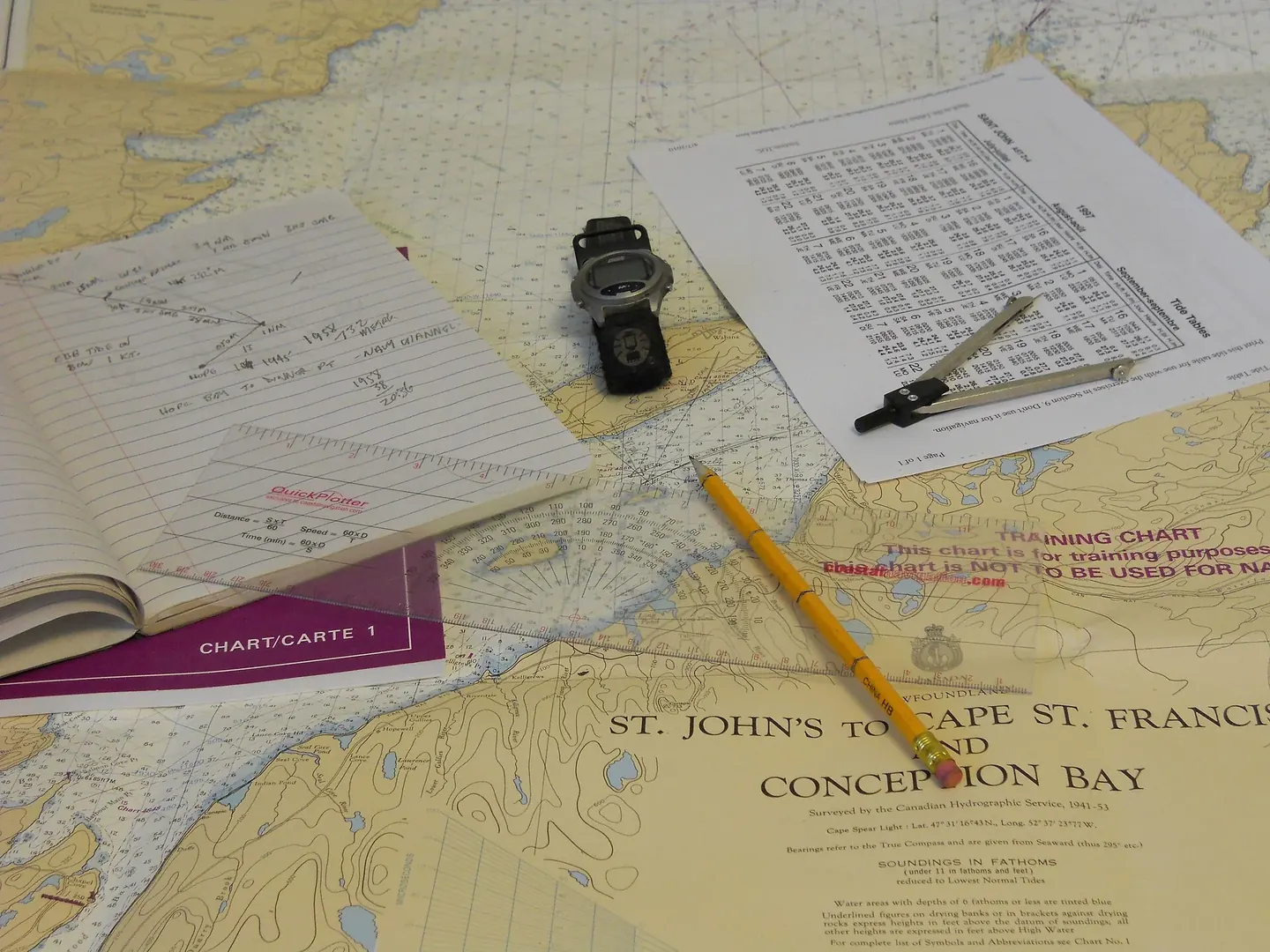 A navigator at a chart table correcting a nautical chart beside printed notices